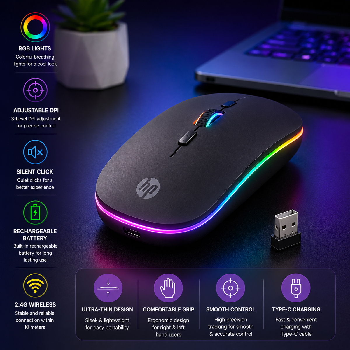 HP W10 Wireless RGB Rechargeable Mouse