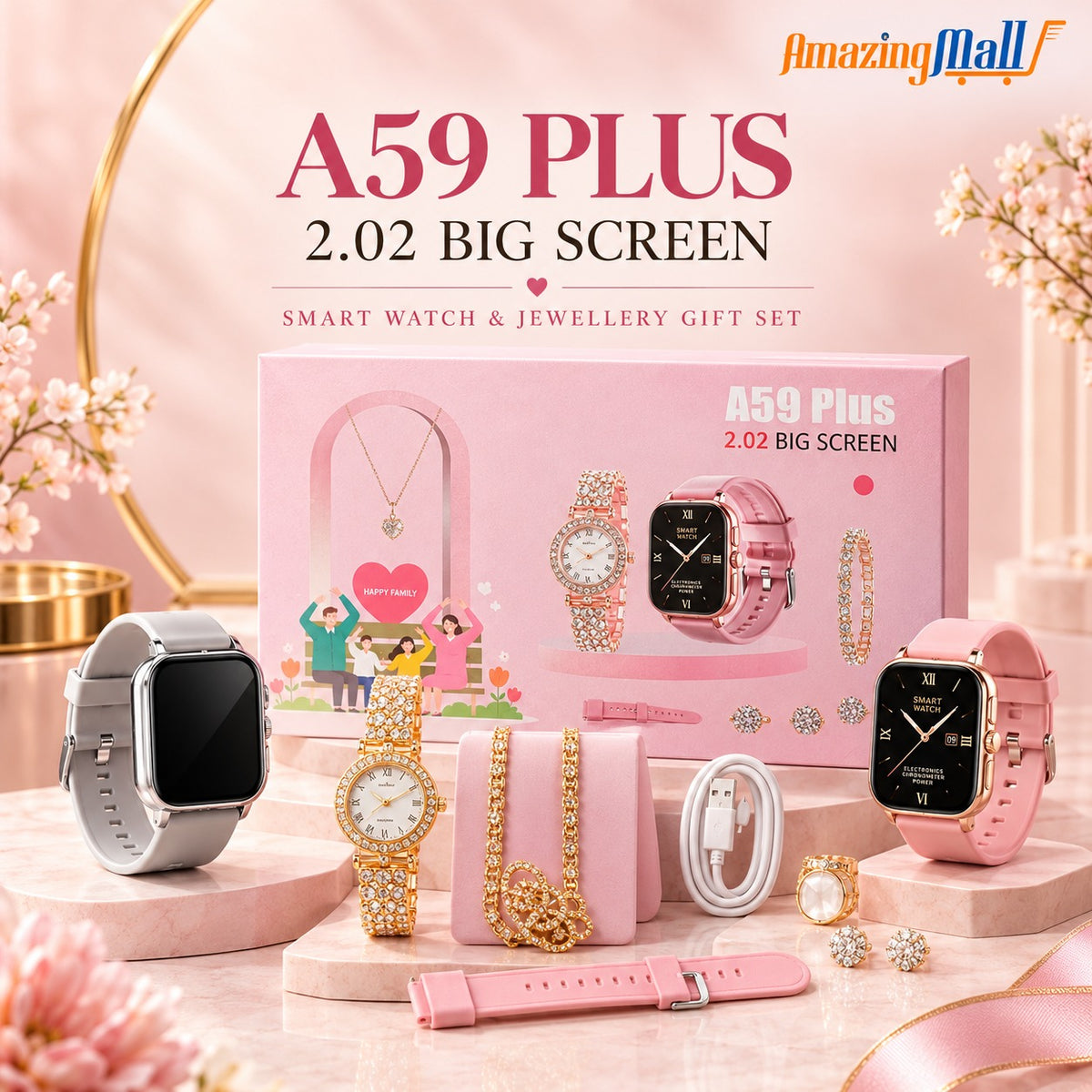 A59 Plus 2.02" Big Screen Smartwatch & Luxury Jewelry Gift Set for Women | Amazing Mall