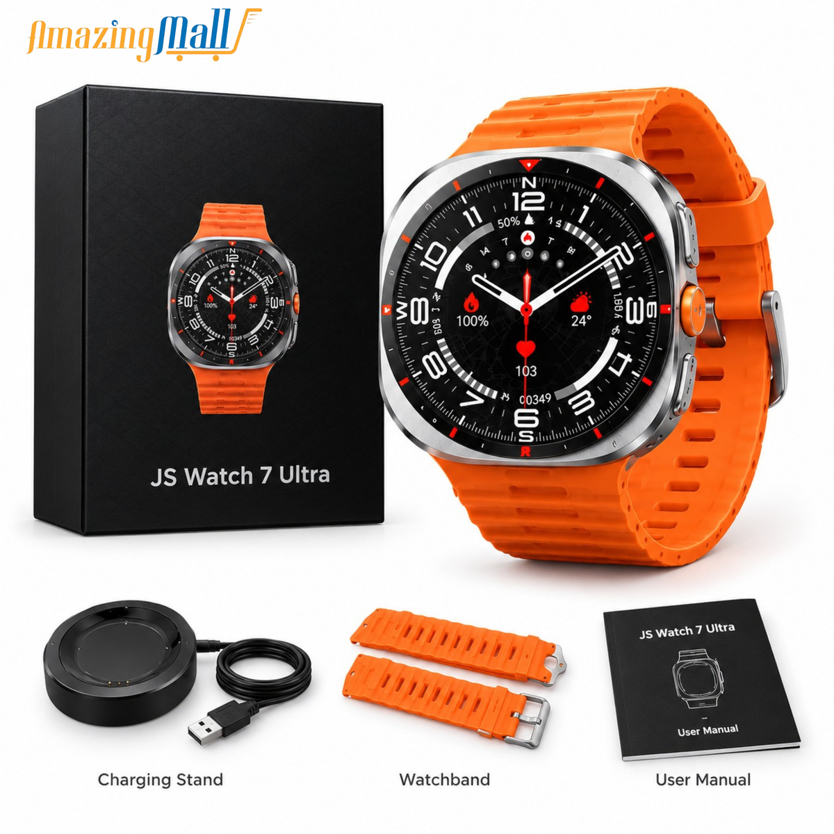 JS Watch 7 Ultra Rugged Smartwatch with Charging Dock – Sport Orange | Amazing Mall