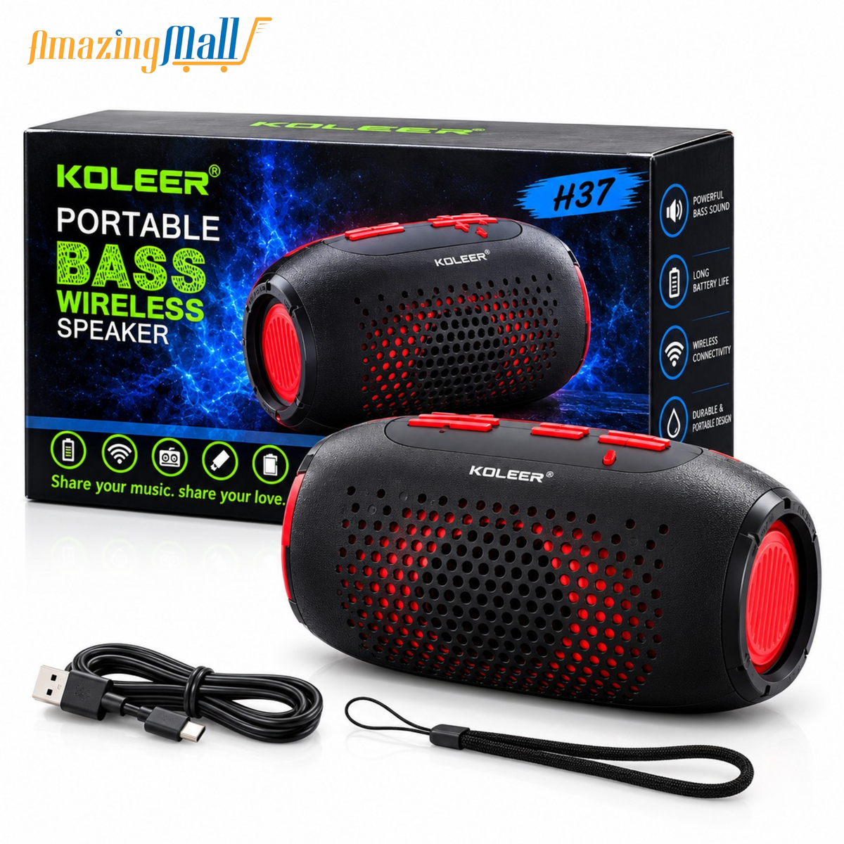 KOLEER H37 Portable Wireless Bluetooth Speaker with Heavy Bass | Amazing Mall