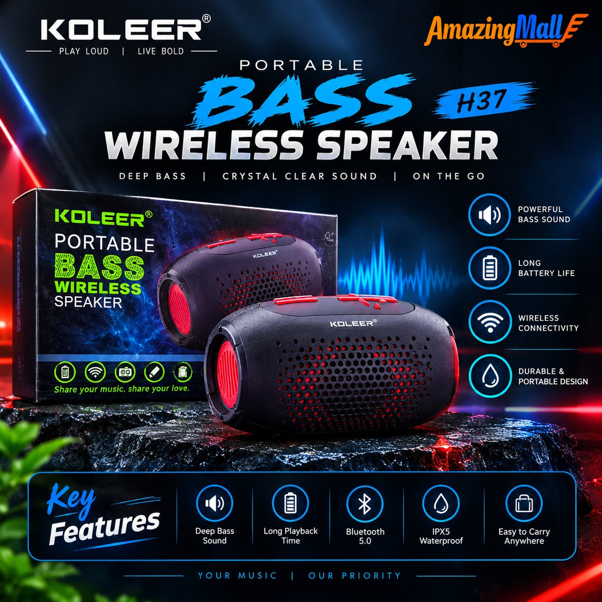 KOLEER H37 Portable Wireless Bluetooth Speaker with Heavy Bass | Amazing Mall