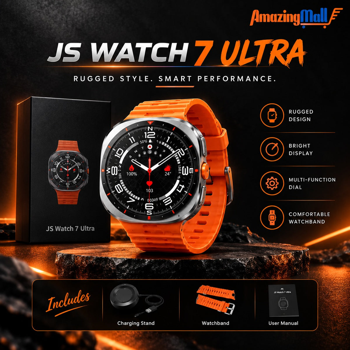 JS Watch 7 Ultra Rugged Smartwatch with Charging Dock – Sport Orange | Amazing Mall